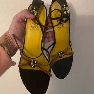 Mustard and chocolate brown heels